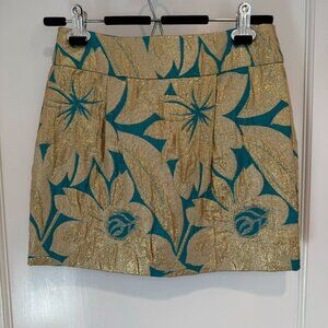 Trina Turk Floral Jacquard Print Metallic Gold and Teal Mini Skirt
